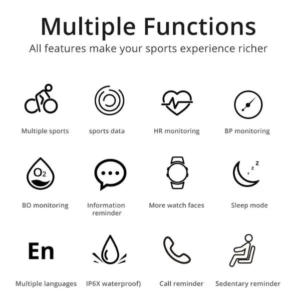 FitTrack Pro Smartwatch features icons for multiple functions including sports tracking, health monitoring, and sleep mode.