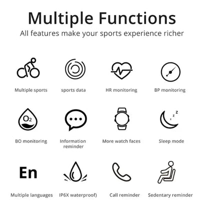 FitTrack Pro Smartwatch features icons for multiple functions including sports tracking, health monitoring, and sleep mode.