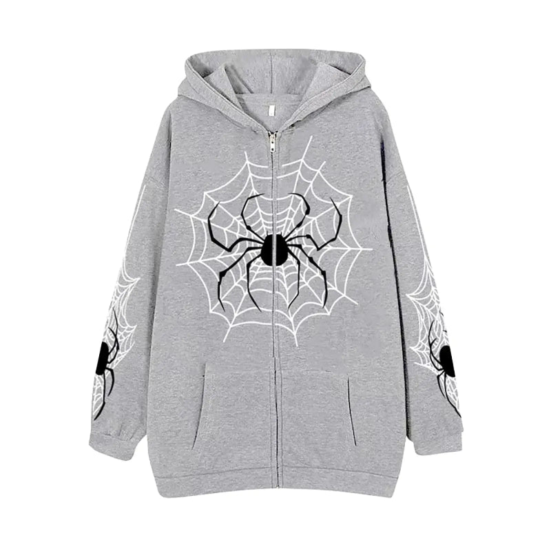 Unisex Spider Web Hoodies Jacket featuring a striking spider web design on a grey zip-up hoodie.