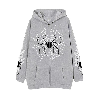 Unisex Spider Web Hoodies Jacket featuring a striking spider web design on a grey zip-up hoodie.