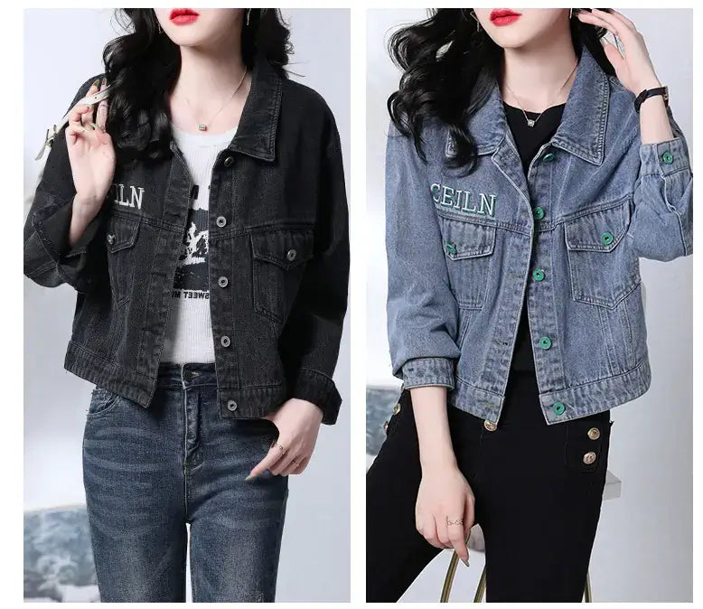 Stylish Fitted Short Leather Jacket and denim options on model, showcasing versatile outerwear choices.
