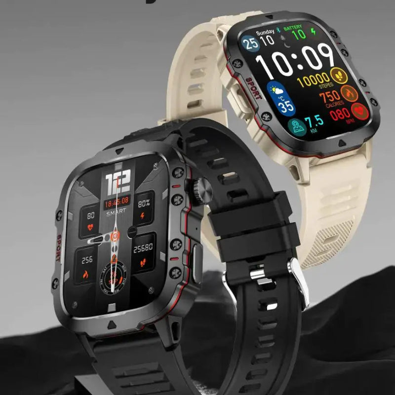 impacto-smartwatch showcasing black and beige designs with health tracking features and digital displays.