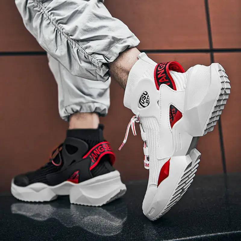 Stylish premium high-top sock sneakers in black and white with red accents, perfect for fashion and comfort.