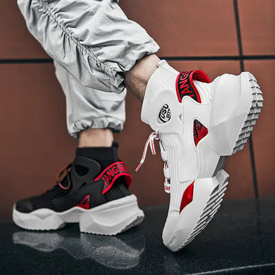 Stylish premium high-top sock sneakers in black and white with red accents, perfect for fashion and comfort.