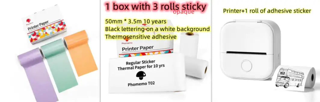 Portable Mini Thermal Label Printer accessories including sticky printer paper rolls and adhesive stickers.