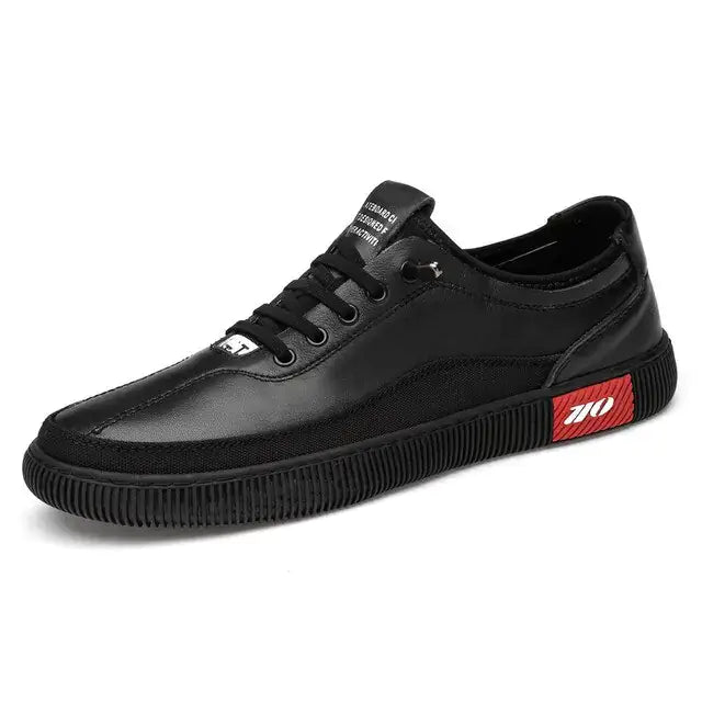 Leather Casual Sneakers and Sandals in sleek black design with stylish red accent, perfect for casual outings and everyday comfort.