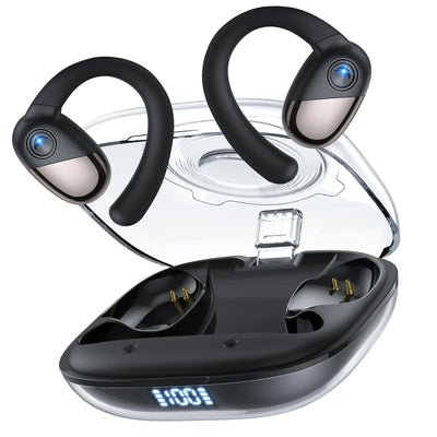 Selouj Open Ear Bluetooth Headphones displayed in charging case, showcasing innovative design and comfort.