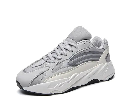mens-and-womens-retro-mesh-sneakers in grey, showcasing breathable mesh design and stylish retro aesthetic.