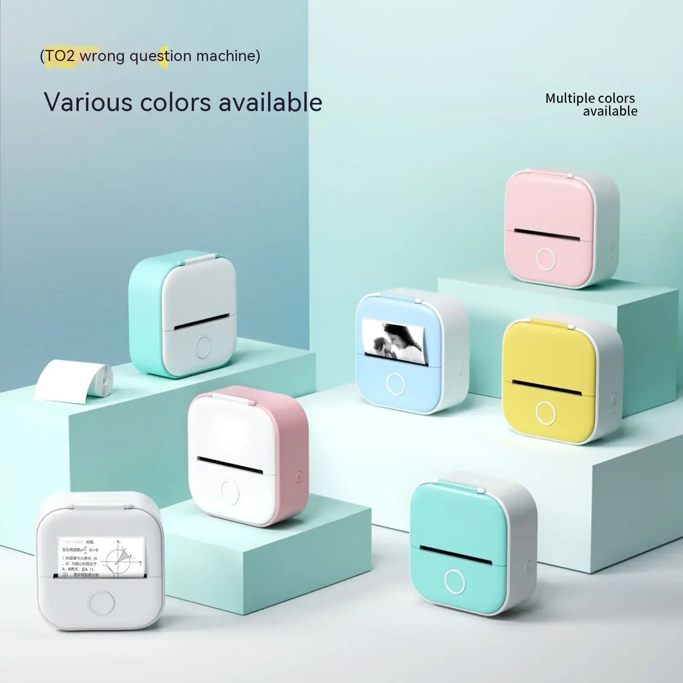 Portable Mini Thermal Label Printer in various colors available on stacked platforms.