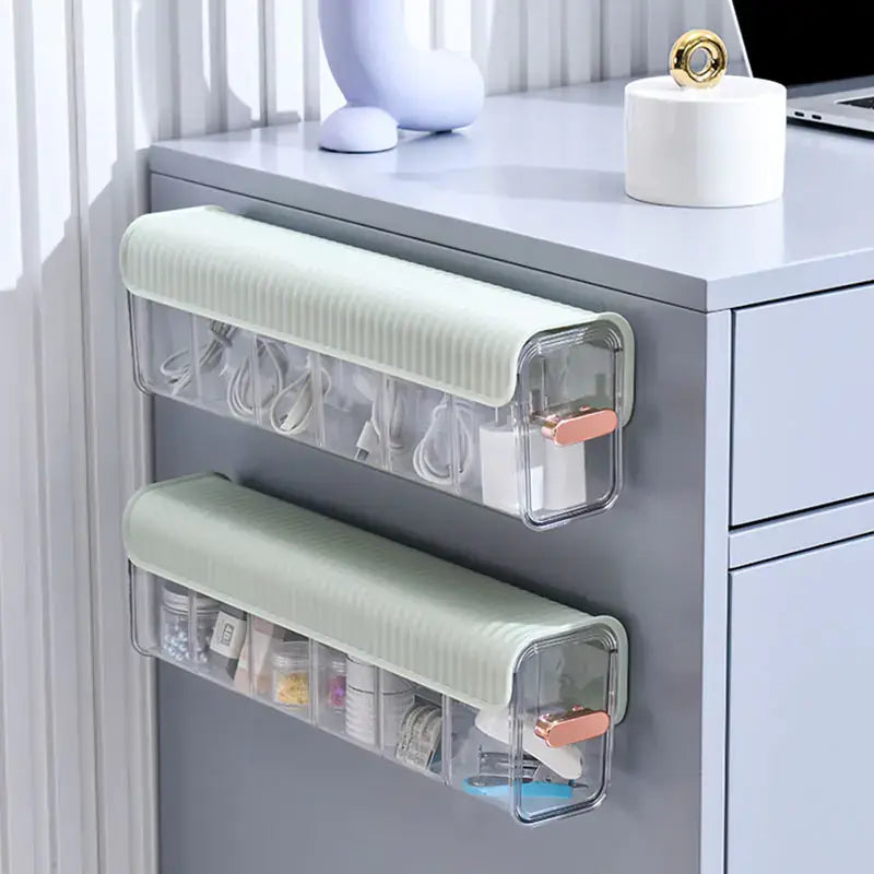 Wall-Mounted Data Cable Storage Box for Chargers organized on a desk, showcasing neat cables and charging accessories.