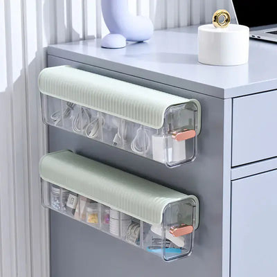 Wall-Mounted Data Cable Storage Box for Chargers organized on a desk, showcasing neat cables and charging accessories.