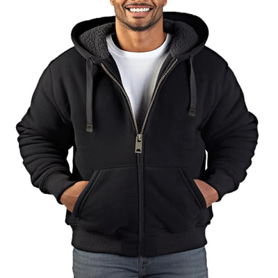 Zerenfy hoodie for men featuring a zip closure, cozy fleece lining, and a modern black design, perfect for casual wear.