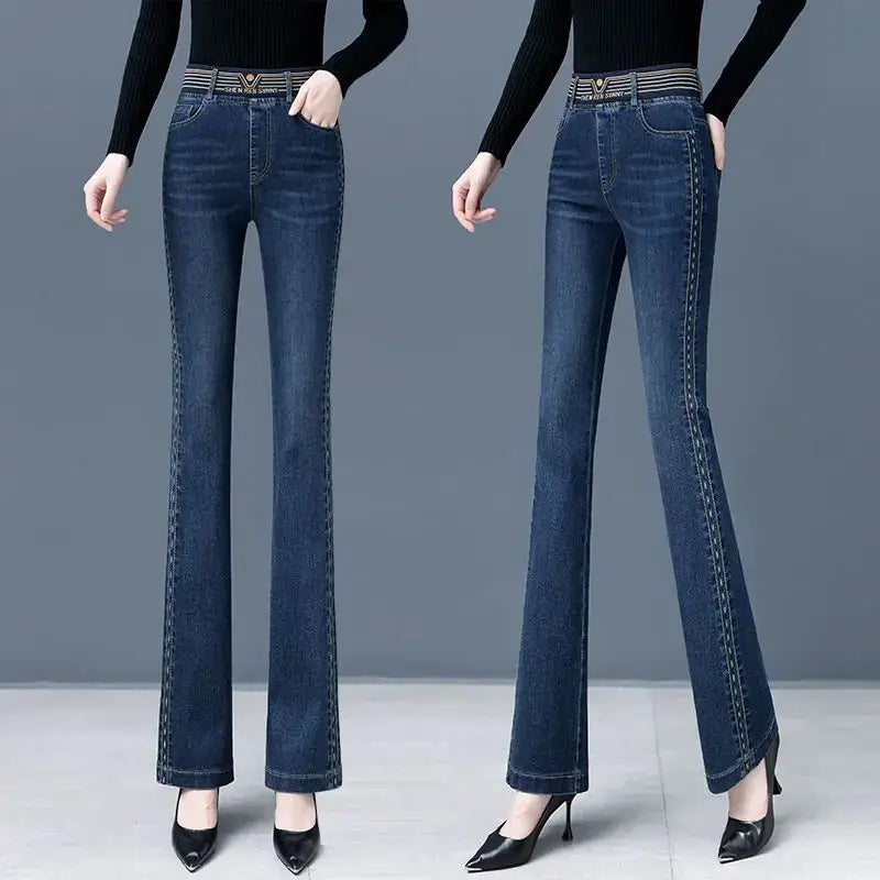 High waist skinny jeans for women, stylish denim with flattering fit, paired with a black top and heels.