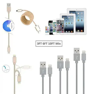 Charging Cables 3ft-6ft-10ft All 3 Included - 3FT 6FT 10FT Mix of USB cables for versatile charging.