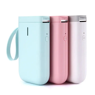 Bluetooth Label Printer in three colors: blue, pink, and white showcasing a compact design for portable labeling.