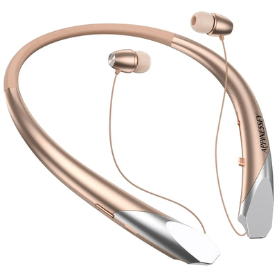 Neckband Bluetooth headphones in rose gold, featuring ergonomic design and clear audio for comfort during use.