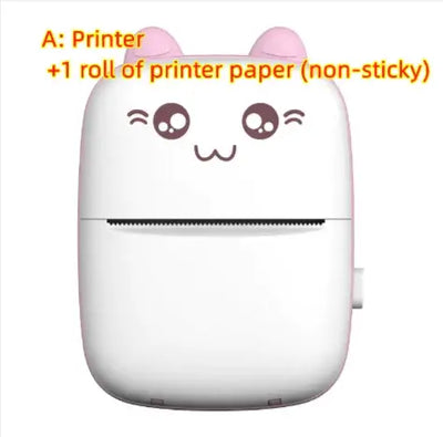 Portable Mini Bluetooth Printer with cute design and one roll of non-sticky printer paper.