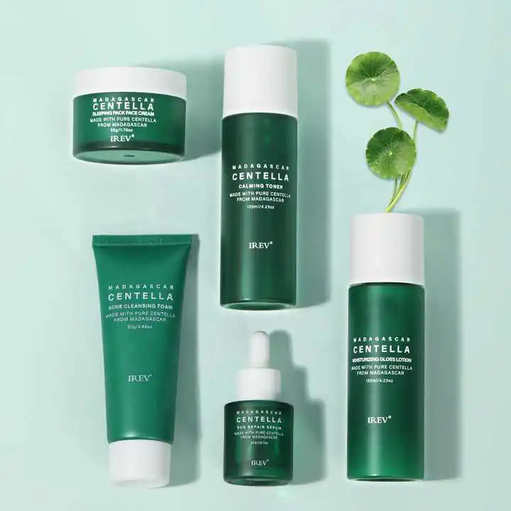 Centella Asiatica Extract Natural Facial Skin Care products, including cleanser, toner, and serum on a mint background.