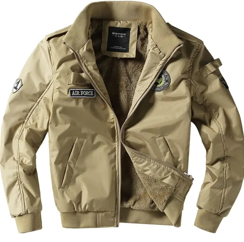 Military Flight Jacket in beige color with Air Force patches, stylish, durable, and functional outerwear for all occasions.