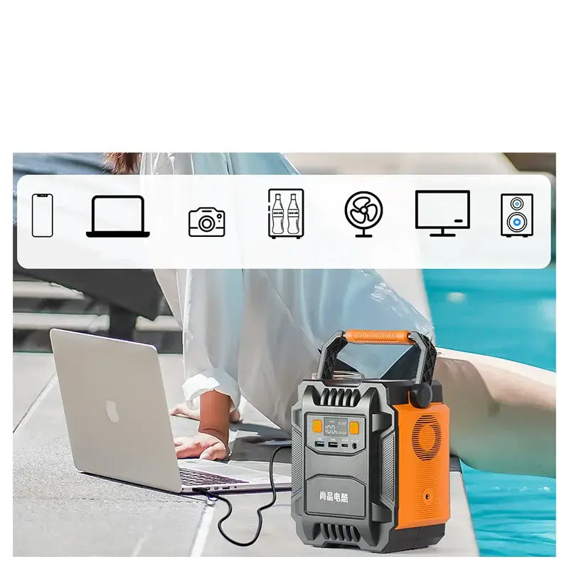 High-power Energy Storage Power Supply charging a laptop by a poolside with various devices illustrated above.