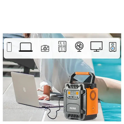 High-power Energy Storage Power Supply charging a laptop by a poolside with various devices illustrated above.