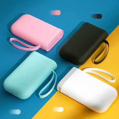 Bluetooth Label Printer in four colors: pink, black, mint green, and white on a colorful background.