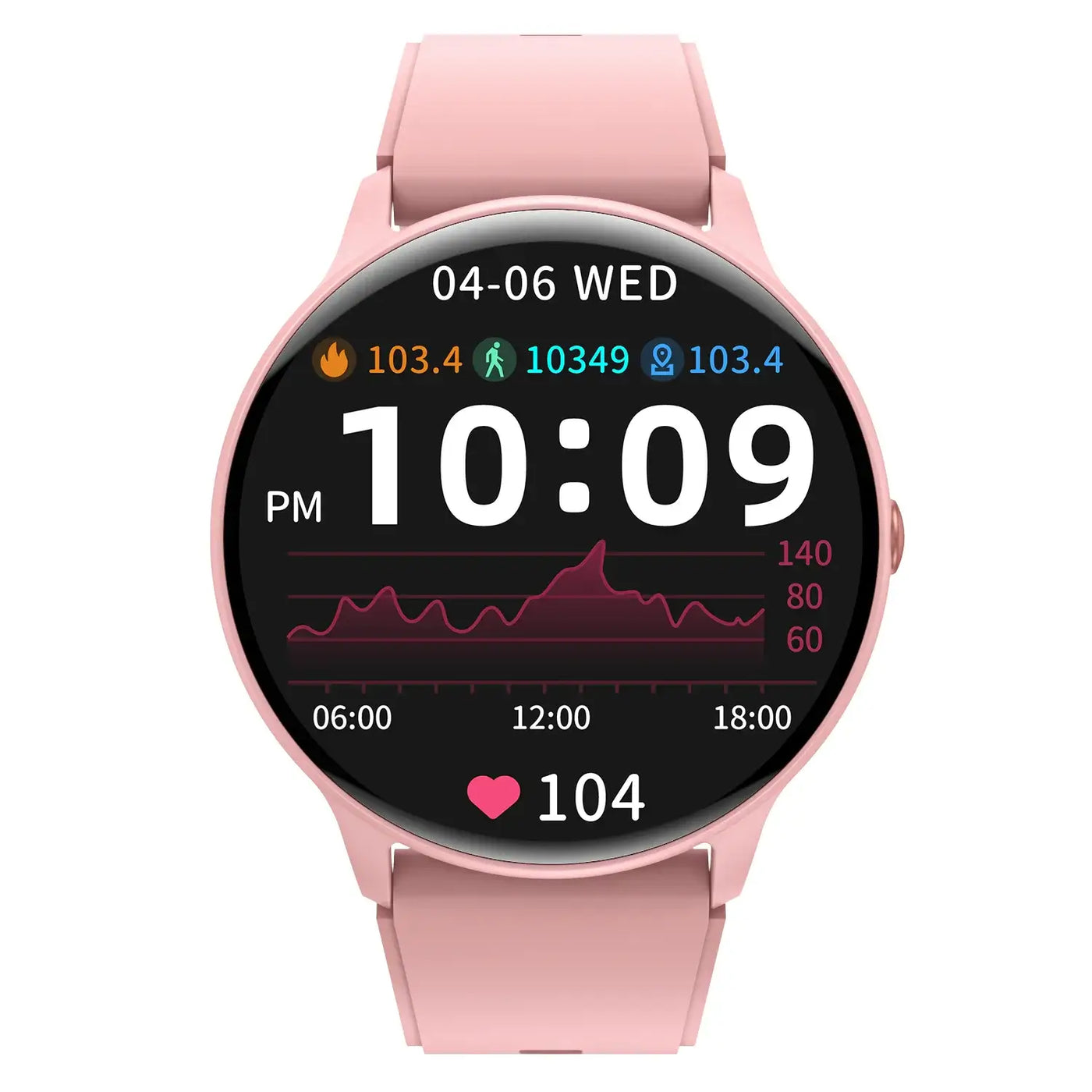 SmartWatch displaying health metrics and time in a sleek pink design.