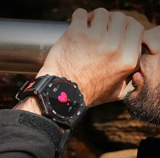 A close-up of a user wearing the CallFit Smartwatch while monitoring heart rate outdoors.