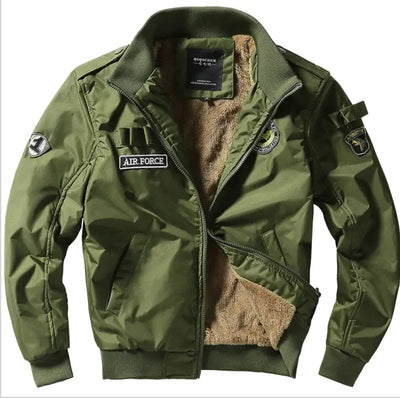 Military Flight Jacket featuring a classic design with patches and a cozy lining for stylish, durable, and functional wear.