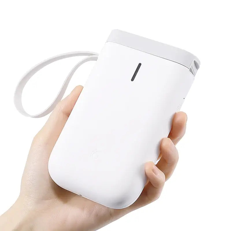 Bluetooth Label Printer held in hand, showcasing its compact design and portability for easy labeling.