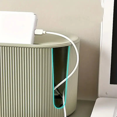 Cable Management Box keeping desk cables organized and tidy with a modern design and illuminated slot.