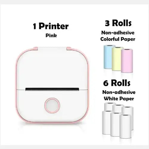 Portable Mini Thermal Label Printer in pink with 3 rolls colorful paper and 6 rolls white paper.