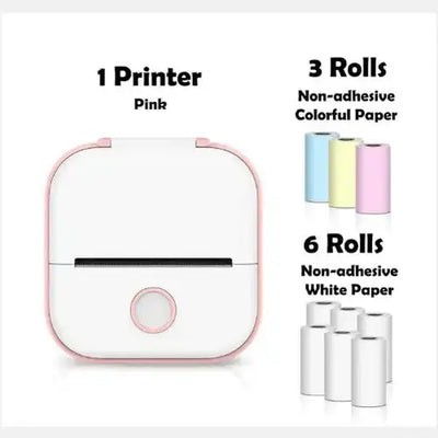 Portable Mini Thermal Label Printer in pink with 3 rolls colorful paper and 6 rolls white paper.