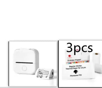 Portable Mini Thermal Label Printer with label rolls and sticker paper.
