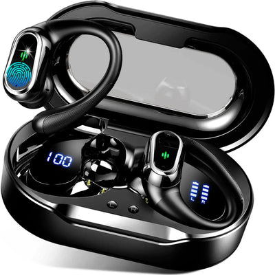 Premium Wireless Earbuds in charging case showcasing design, digital display, and modern technology features.
