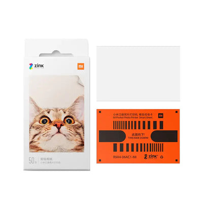 Xiaomi Mini Bluetooth Photo Printer accessory pack with photo paper sheets featuring a cat.