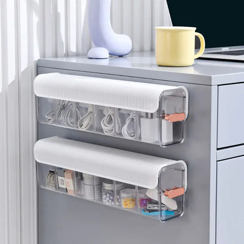 Wall-Mounted Data Cable Storage Box for Chargers organized on a desk with various cables and accessories.