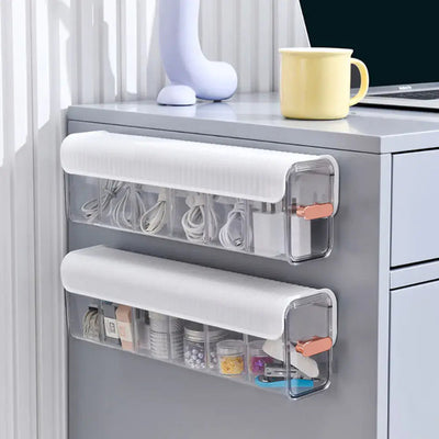 Wall-Mounted Data Cable Storage Box for Chargers organized on a desk with various cables and accessories.