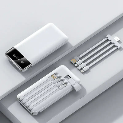 20000mAh Power Bank on a gray surface with charging cables, featuring a sleek design for portable charging.