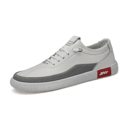 Leather Casual Sneakers and Sandals, stylish white sneakers with grey accents and red logo for casual outings.