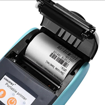 Close-up of Portable Mini Bluetooth Receipt Printer with receipt printing, showcasing design and functionality.
