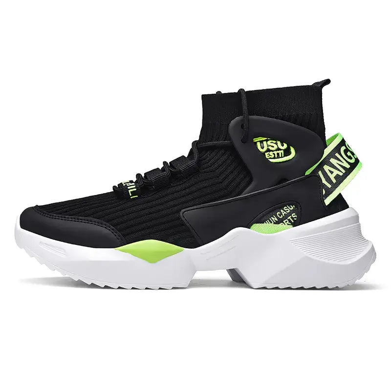 premium high-top sock sneakers in black and neon green with sock-fit design and durable rubber sole.