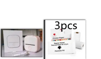 Portable Mini Thermal Label Printer accessories with printer paper and charging cable.