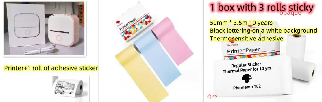 Portable Mini Thermal Label Printer with adhesive sticker rolls in pastel colors and printer paper for efficient labeling.