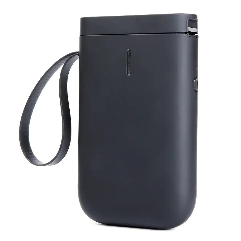Bluetooth Label Printer in sleek black design with convenient strap for portability and easy storage.