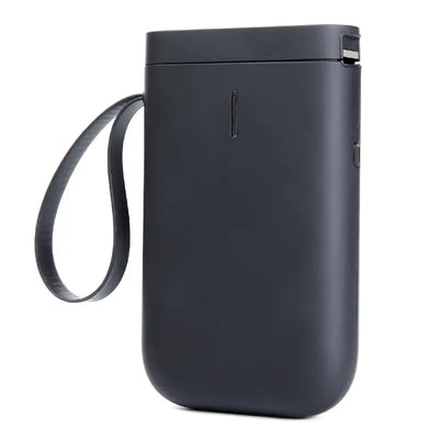 Bluetooth Label Printer in sleek black design with convenient strap for portability and easy storage.