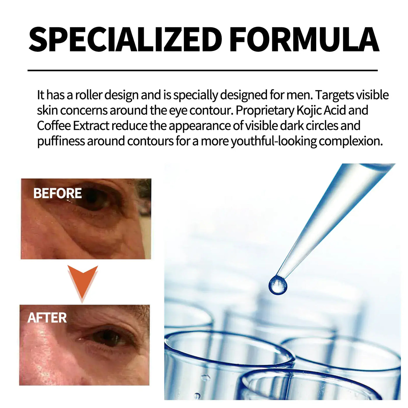 Hydrating Eye Roller for Dark Circles specialized formula before and after results for youthful-looking skin.