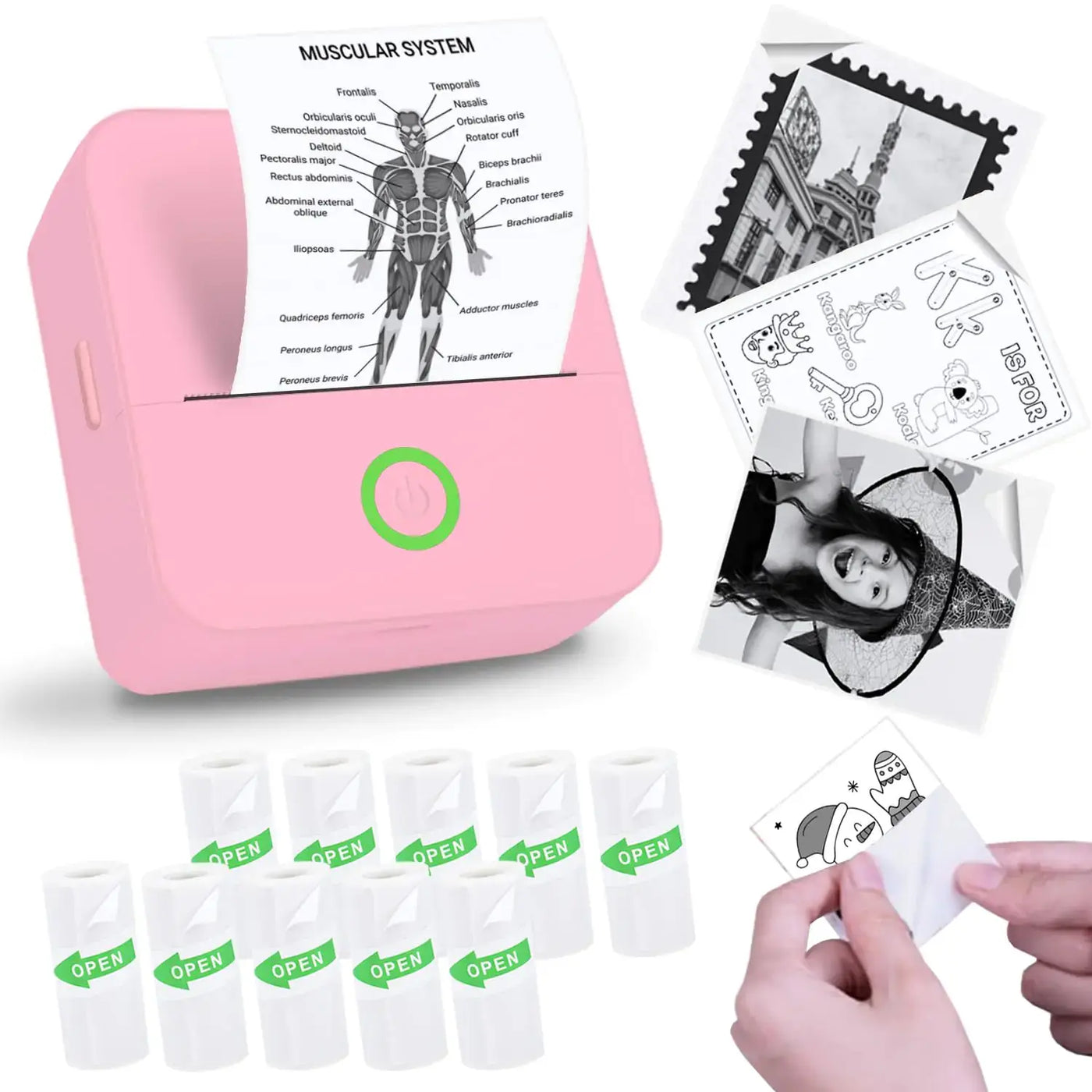 Vicbear Mini Sticker Printer in pink printing stickers with various designs and rolls of sticker paper.