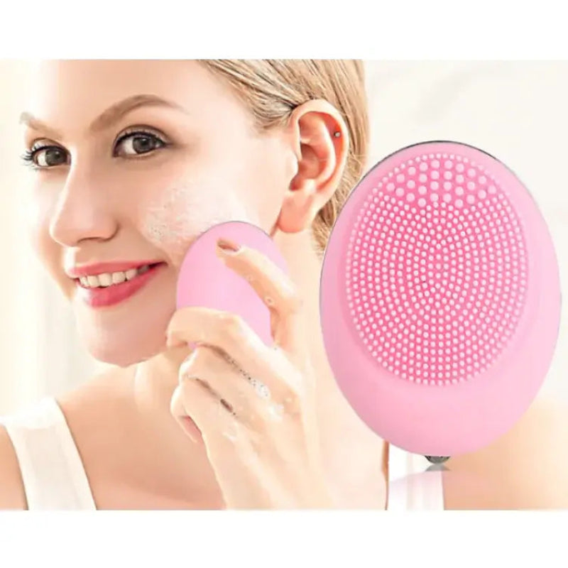 Woman using Electric Face Wash device for deep cleanse and skincare routine with vibration technology.