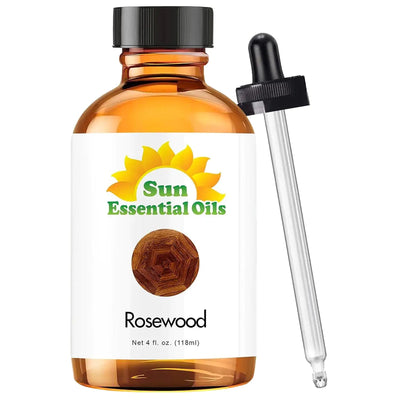 Rosewood Essential Oil bottle with dropper, 4 fl oz, by Sun Essential Oils, promoting relaxation and natural care.
